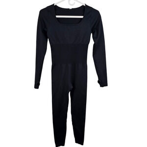 Black ribbed stretch unitard thumbholes long sleeves square neck XS-S